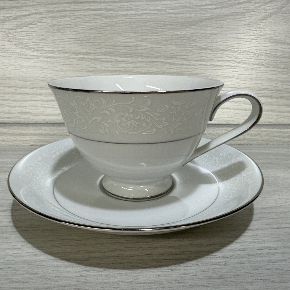 SANGO Japan Fresco 3540‎ Fine China Silver Trim Floral Accent Teacup & Saucer